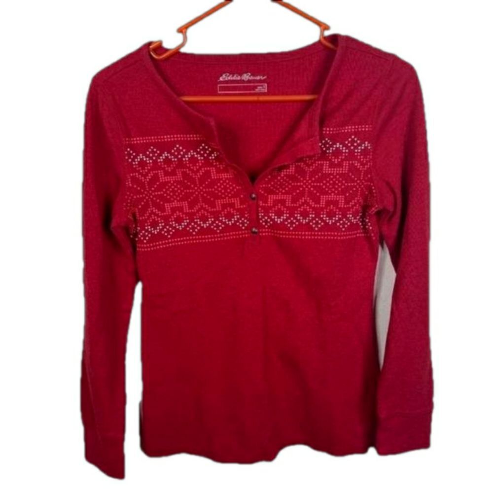 Eddie Bauer SM Red Thermal Top Blouse Shirt Waffle Snowflake Nordic Small S